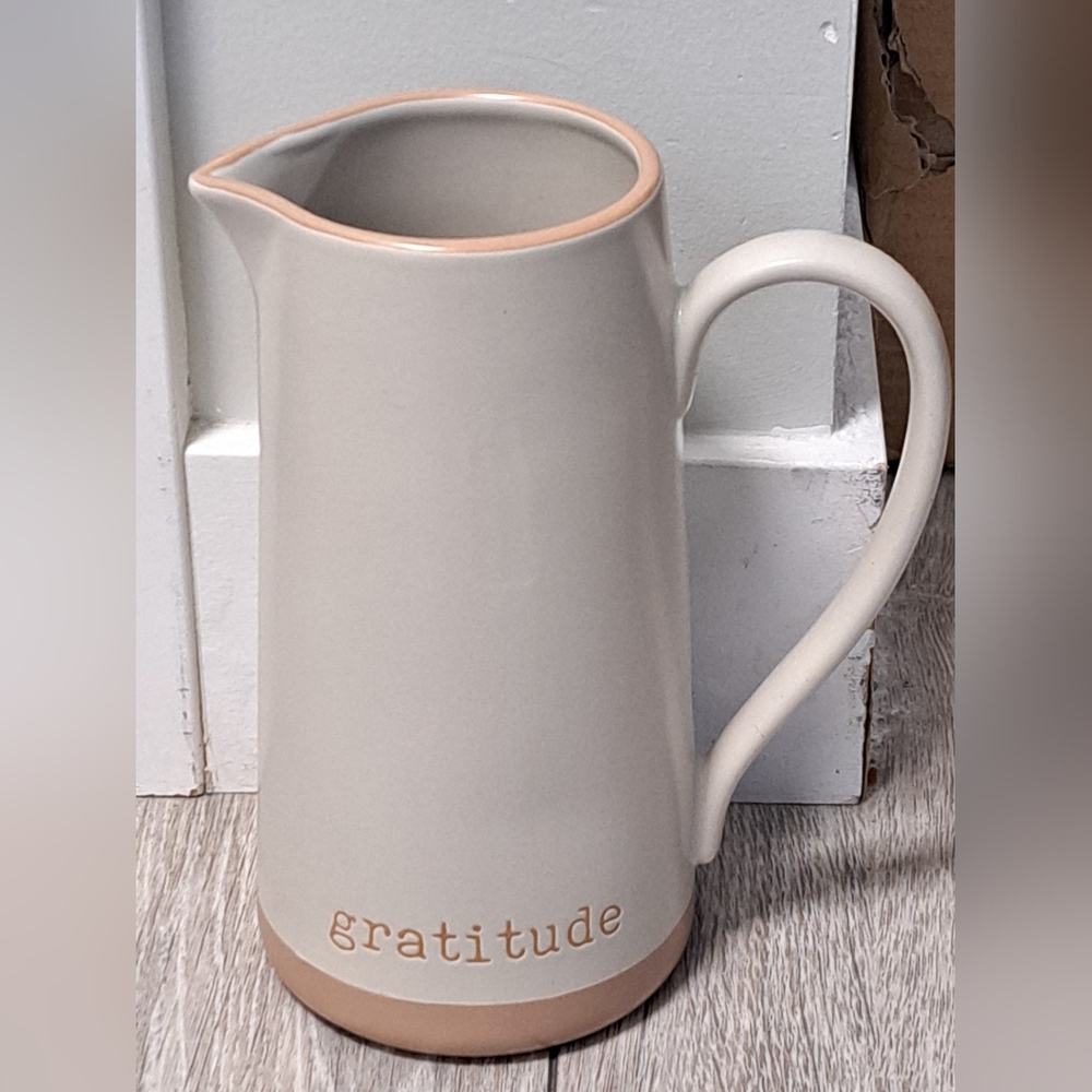 Brand New Fall/Thanksgiving/Autumn Cream and Tan 8inch Stoneware Pitcher